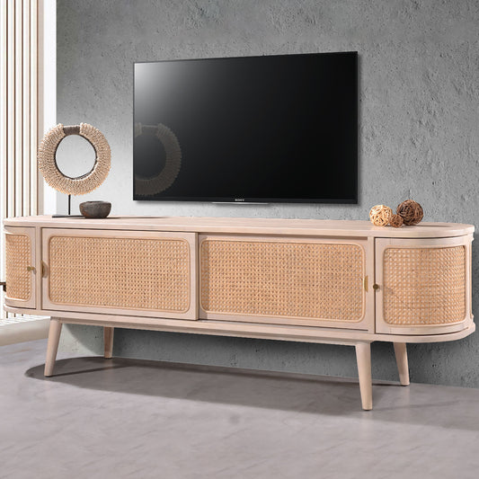 Criterion Jurien Entertainment Unit, TV Cabinet 1800mm Semi-Assembled, Solid Rubber Wood Construction Rattan and White Chocolate