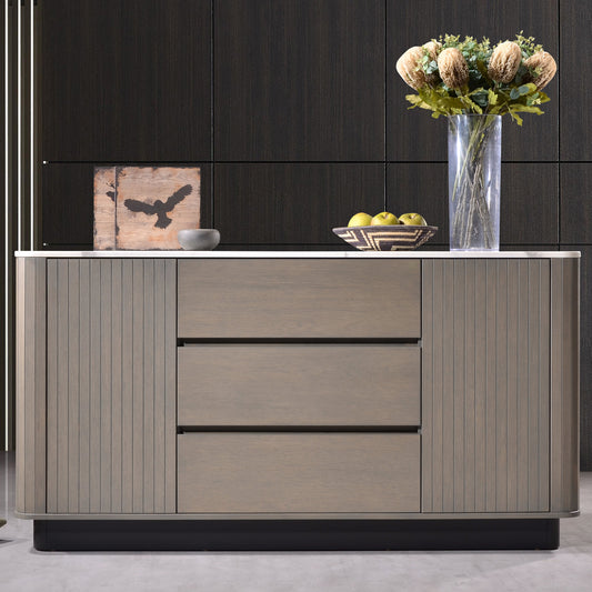 Criterion Eucla Buffet, Side Board 1600mm Semi-Assembled, 20mm Laminated Marble Top, Wood Plinth. KSK Slate Wood Veneer