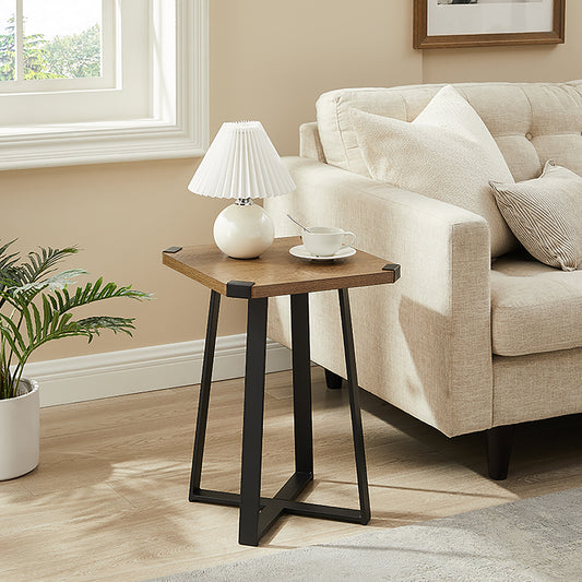 Criterion Capri Side Table 400mm Square Table, Black Metal Leg and Metal Highlights Dark Oak