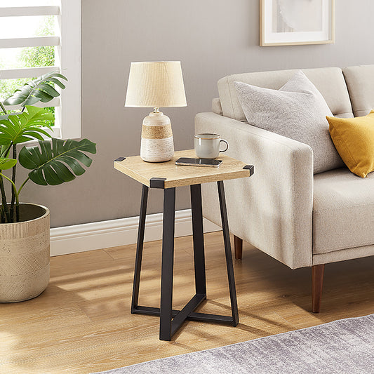 Criterion Capri Side Table 400mm Square Table, Black Metal Leg and Metal Highlights Oak