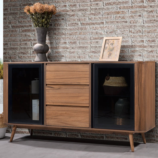 Criterion Denham Buffet, Side Board 1600mm Semi-Assembled, Solid Rubber Wood Legs Light Walnut Wood Veneer