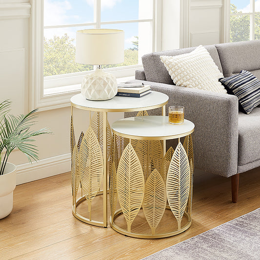 Criterion Leaf Nested Set Coffee Tables 520mm White Glass Top, Metal Frame Gold