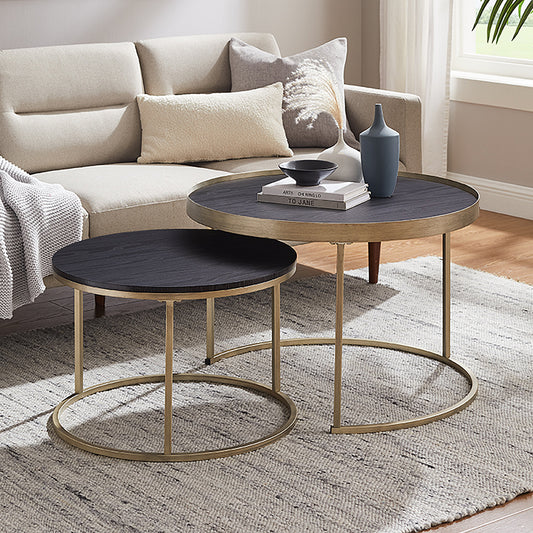 Criterion Nested Set Coffee Tables 760mm Gold Metal Frame Dark Oak